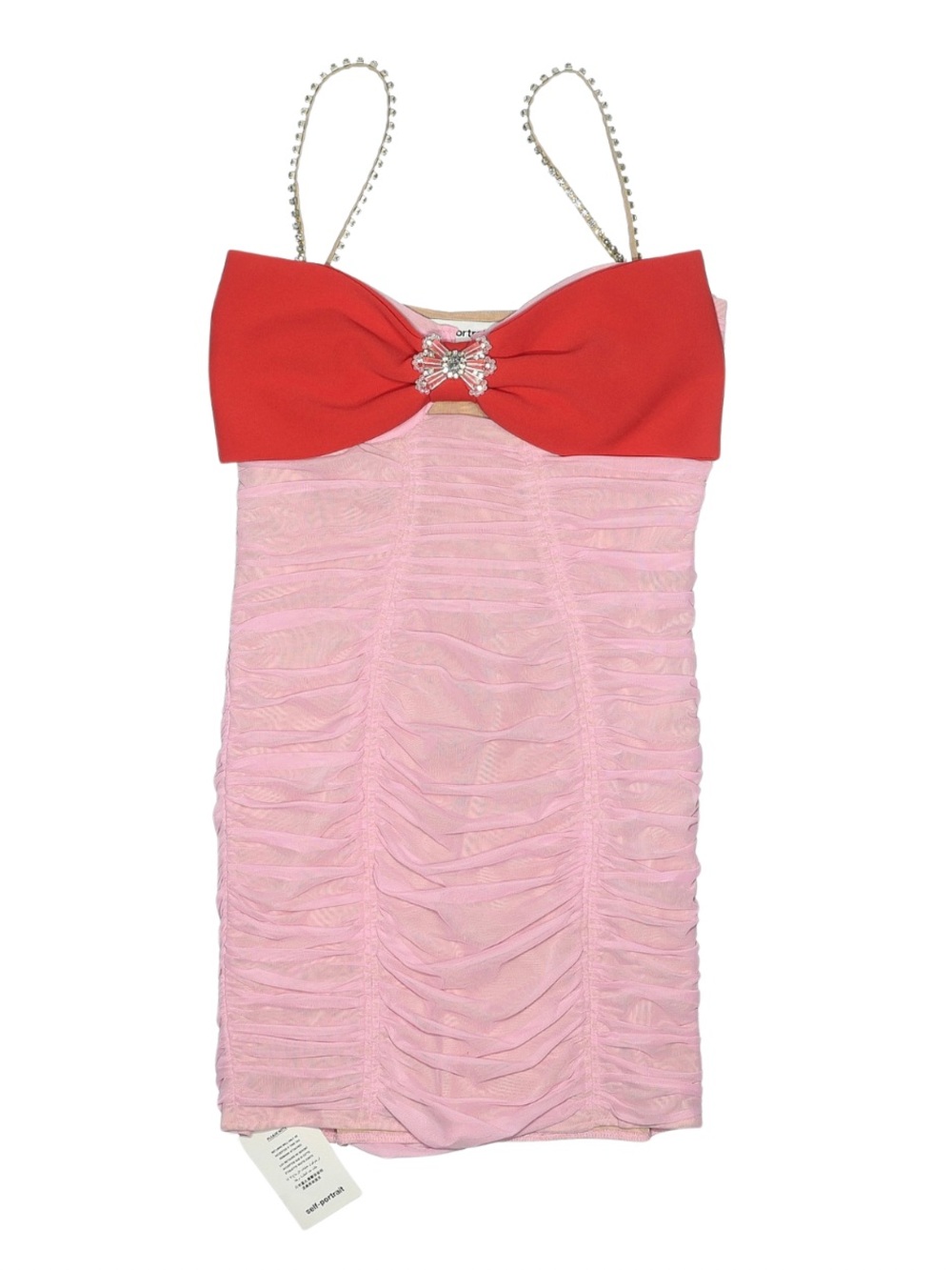 Self Portrait Pink Mesh Ruched Jeweled Mini Dress